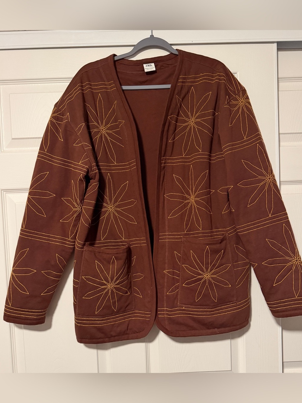 Zara Brown Embroidered Yellow Gold Floral Artsy Boho Hippie Cardigan Sweater